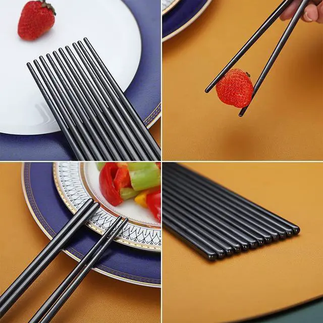 Alt view image 7 of 7 - 10 Pairs Reusable Chopsticks, Titanium Black Plating Stainless Steel Metal Chop Sticks, Japanese Chinese Korean Chopstick Dishwasher Safe, 8.9 Inch (Black / Chop sticks)