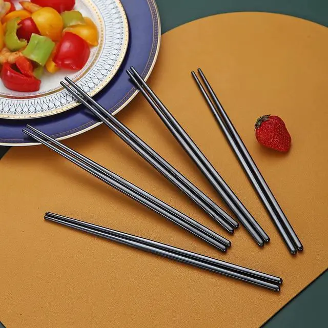 Alt view image 4 of 7 - 10 Pairs Reusable Chopsticks, Titanium Black Plating Stainless Steel Metal Chop Sticks, Japanese Chinese Korean Chopstick Dishwasher Safe, 8.9 Inch (Black / Chop sticks)