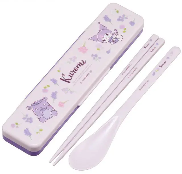 Main image of Kuromi Utensil Set - Includes Reusable Chopstick and Spoon and Carrying Case - Authentic Japanese Design - Durable, Dishwasher Safe - Floral Wreath, Purple