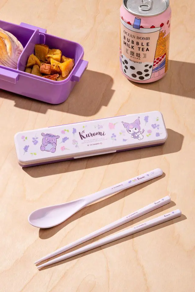 Alt view image 4 of 5 - Kuromi Utensil Set - Includes Reusable Chopstick and Spoon and Carrying Case - Authentic Japanese Design - Durable, Dishwasher Safe - Floral Wreath, Purple