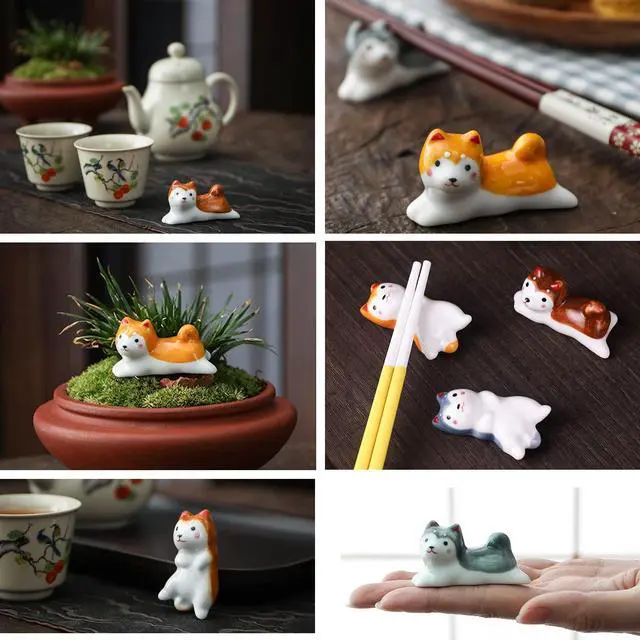 Alt view image 4 of 7 - 10 Pcs Cute Lucky Cat Chopsticks Holder Japanese Style Ceramic Cat Chopstick Rest Set Dinner Spoon Stand Knife Fork Holder (Dog)