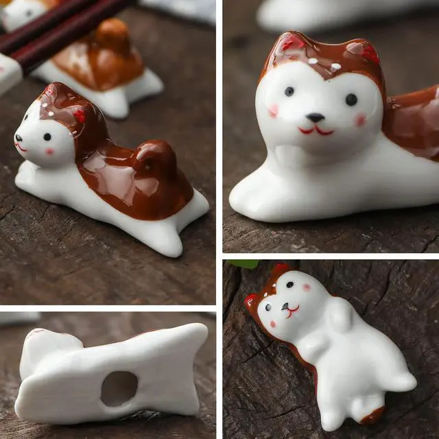 Alt view image 6 of 7 - 10 Pcs Cute Lucky Cat Chopsticks Holder Japanese Style Ceramic Cat Chopstick Rest Set Dinner Spoon Stand Knife Fork Holder (Dog)