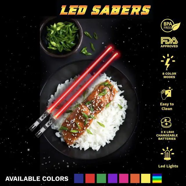 Alt view image 7 of 7 - LIGHTSABER CHOPSTICKS LIGHT UP STAR WAR LED Glowing Light Saber Chop Sticks REUSABLE Sushi Lightup Sabers -Removable Handle Dishwasher Safe -Premium GIFT BOX and CARRY POUCH Included - Red - 1 Pair