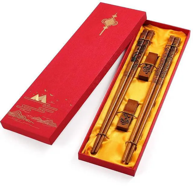 Main image of Chinese Reusable Chopsticks, Dragon and Phoenix Chopstick Set, Chinese Style Wooden Chop sticks Gift Set 2 Pairs