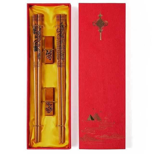Alt view image 7 of 7 - Chinese Reusable Chopsticks, Dragon and Phoenix Chopstick Set, Chinese Style Wooden Chop sticks Gift Set 2 Pairs