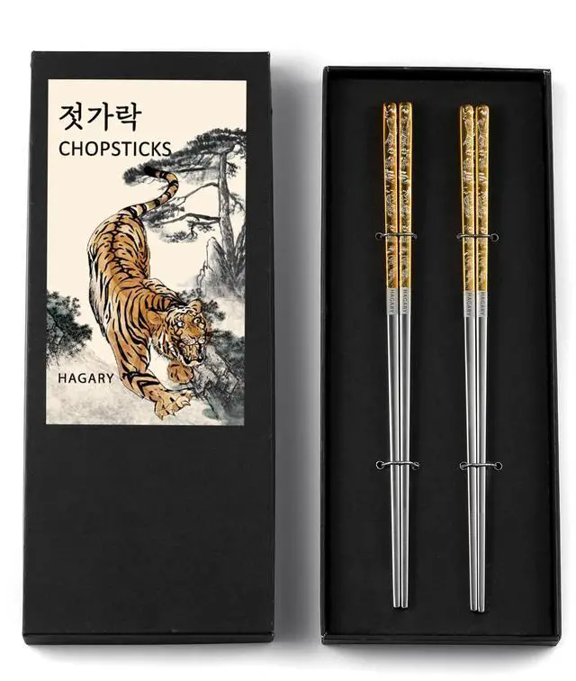 Main image of Tiger Chopsticks Metal Chopsticks Reusable Designed In Korea Japanese Style Stainless Steel 316 18/10 Non-Slip Dishwasher Safe Laser Etched (Gold - 2 Pairs)