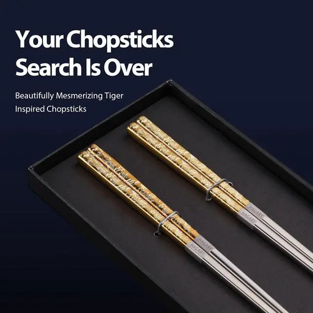 Alt view image 2 of 6 - Tiger Chopsticks Metal Chopsticks Reusable Designed In Korea Japanese Style Stainless Steel 316 18/10 Non-Slip Dishwasher Safe Laser Etched (Gold - 2 Pairs)