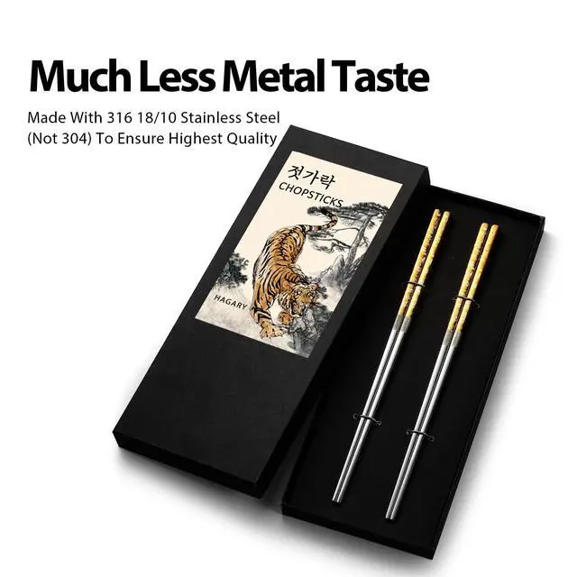 Alt view image 3 of 6 - Tiger Chopsticks Metal Chopsticks Reusable Designed In Korea Japanese Style Stainless Steel 316 18/10 Non-Slip Dishwasher Safe Laser Etched (Gold - 2 Pairs)