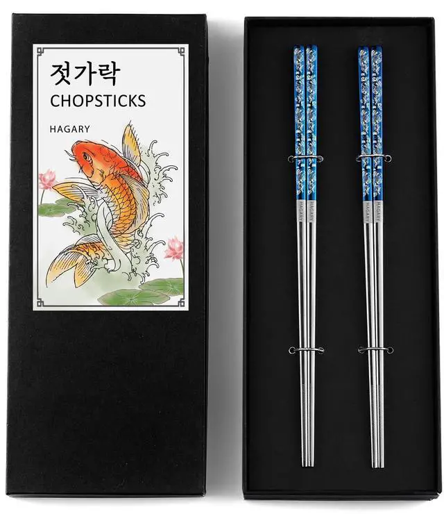 Main image of Carp Reusable Chopsticks Square Metal Stainless Steel 316 18/10 Non-Slip Dishwasher Safe Designed In Korea Japanese Style (Blue - 2 Pairs)