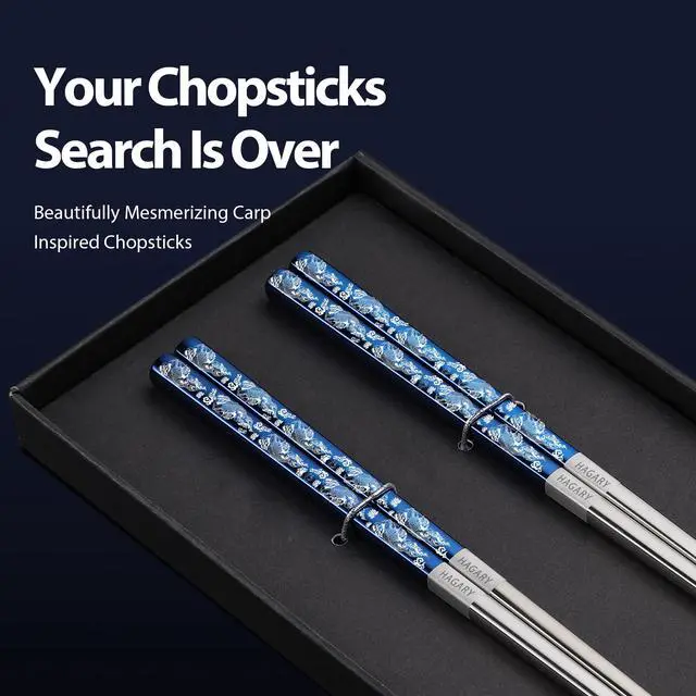 Alt view image 2 of 7 - Carp Reusable Chopsticks Square Metal Stainless Steel 316 18/10 Non-Slip Dishwasher Safe Designed In Korea Japanese Style (Blue - 2 Pairs)