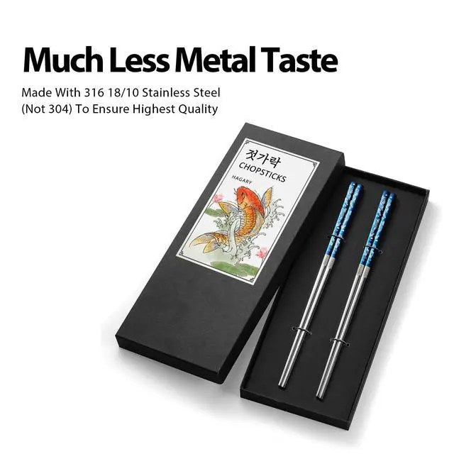 Alt view image 3 of 7 - Carp Reusable Chopsticks Square Metal Stainless Steel 316 18/10 Non-Slip Dishwasher Safe Designed In Korea Japanese Style (Blue - 2 Pairs)