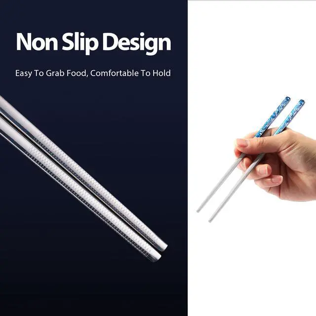 Alt view image 5 of 7 - Carp Reusable Chopsticks Square Metal Stainless Steel 316 18/10 Non-Slip Dishwasher Safe Designed In Korea Japanese Style (Blue - 2 Pairs)