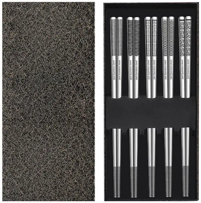 Main image of Metal Chopsticks Reusable 316 Stainless Steel Chopsticks Multipack Dishwasher Safe Chop Sticks Square Fancy Laser Engraved Non-slip Korean Chopstick for Cooking Eating 9.45 Inches 5 Pairs Gift SetS