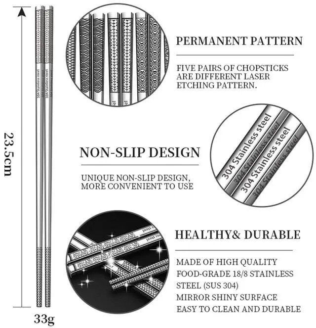 Alt view image 2 of 7 - Metal Chopsticks Reusable 316 Stainless Steel Chopsticks Multipack Dishwasher Safe Chop Sticks Square Fancy Laser Engraved Non-slip Korean Chopstick for Cooking Eating 9.45 Inches 5 Pairs Gift SetS