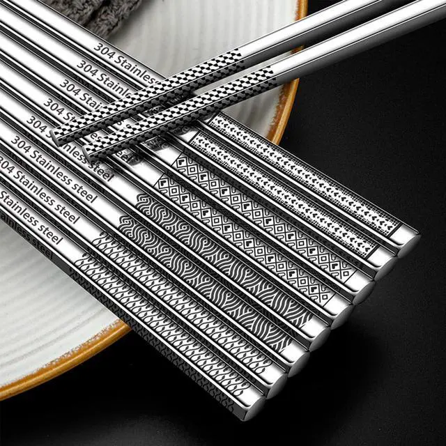 Alt view image 4 of 7 - Metal Chopsticks Reusable 316 Stainless Steel Chopsticks Multipack Dishwasher Safe Chop Sticks Square Fancy Laser Engraved Non-slip Korean Chopstick for Cooking Eating 9.45 Inches 5 Pairs Gift SetS