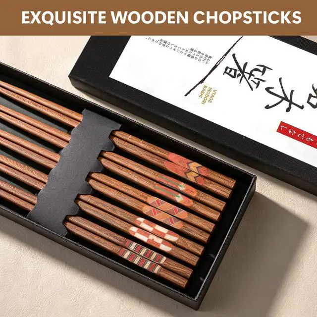 Alt view image 3 of 7 - 5 Pairs Wooden Chopsticks Reusable Japanese Hardwood Chop Sticks