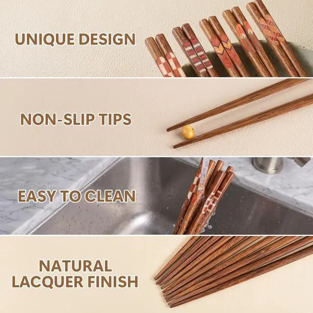 Alt view image 4 of 7 - 5 Pairs Wooden Chopsticks Reusable Japanese Hardwood Chop Sticks