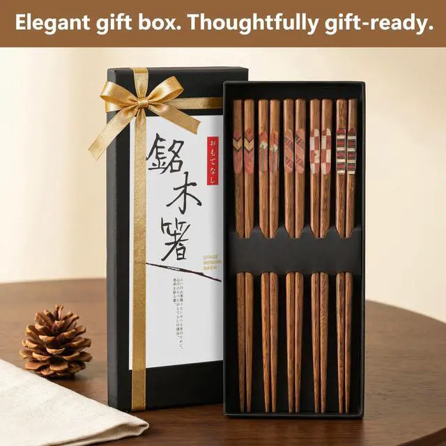 Alt view image 5 of 7 - 5 Pairs Wooden Chopsticks Reusable Japanese Hardwood Chop Sticks