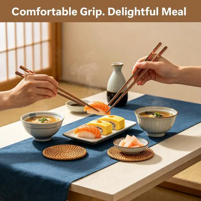 Alt view image 6 of 7 - 5 Pairs Wooden Chopsticks Reusable Japanese Hardwood Chop Sticks