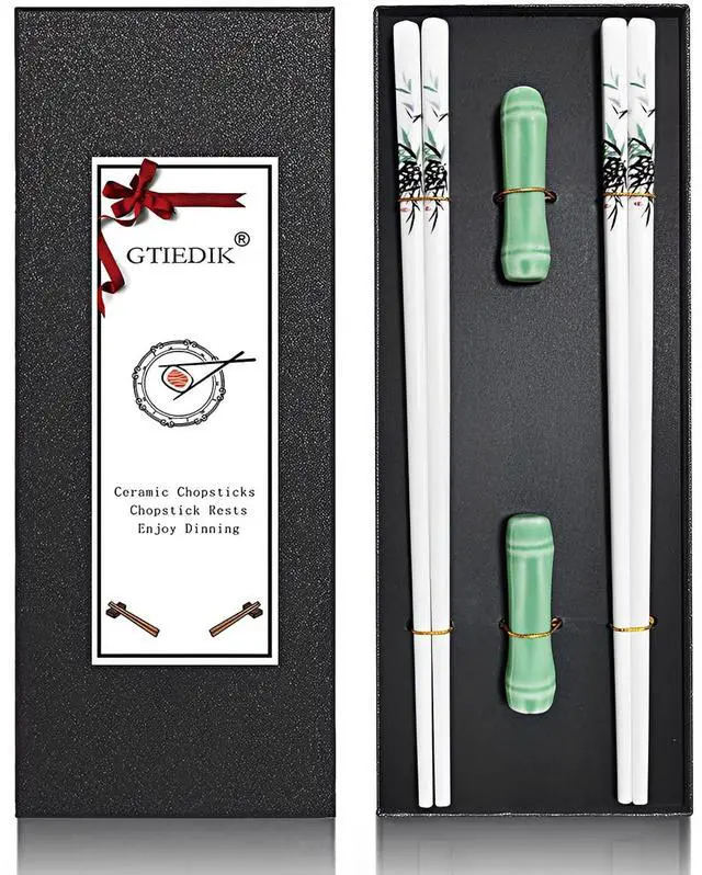 Main image of Porcelain Chopsticks, Green Bamboo,2 Pairs with Ceramic Holder