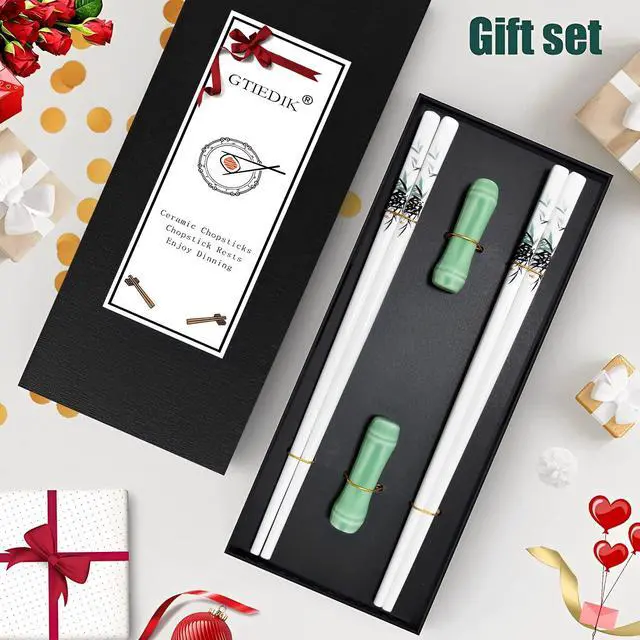 Alt view image 2 of 7 - Porcelain Chopsticks, Green Bamboo,2 Pairs with Ceramic Holder