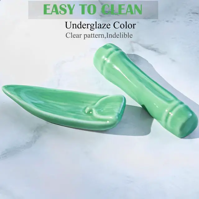 Alt view image 5 of 7 - Porcelain Chopsticks, Green Bamboo,2 Pairs with Ceramic Holder