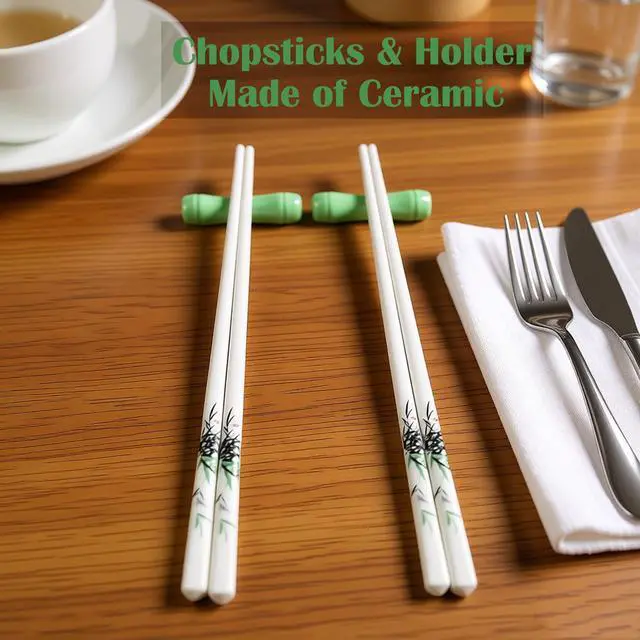 Alt view image 6 of 7 - Porcelain Chopsticks, Green Bamboo,2 Pairs with Ceramic Holder
