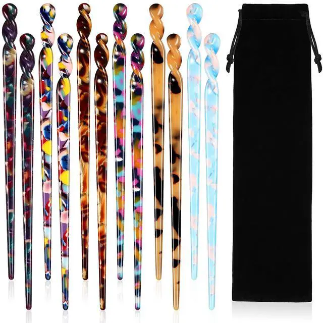 Main image of 12 Pieces Acetate Hair Sticks Hair Chopsticks Tortoise Shell Leopard Print Shell Pins Vintage Chinese Chopstick Styling Accessories for Women, 6 Style(Vivid Pattern)