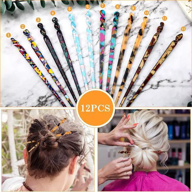Alt view image 5 of 7 - 12 Pieces Acetate Hair Sticks Hair Chopsticks Tortoise Shell Leopard Print Shell Pins Vintage Chinese Chopstick Styling Accessories for Women, 6 Style(Vivid Pattern)
