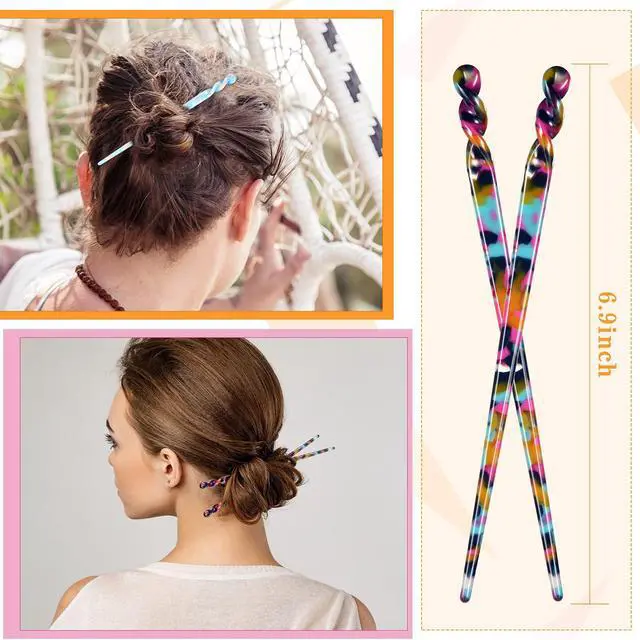 Alt view image 6 of 7 - 12 Pieces Acetate Hair Sticks Hair Chopsticks Tortoise Shell Leopard Print Shell Pins Vintage Chinese Chopstick Styling Accessories for Women, 6 Style(Vivid Pattern)