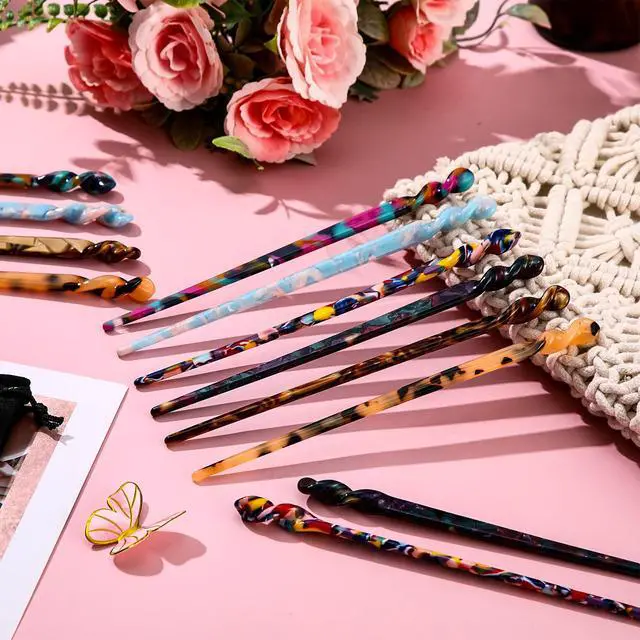 Alt view image 7 of 7 - 12 Pieces Acetate Hair Sticks Hair Chopsticks Tortoise Shell Leopard Print Shell Pins Vintage Chinese Chopstick Styling Accessories for Women, 6 Style(Vivid Pattern)