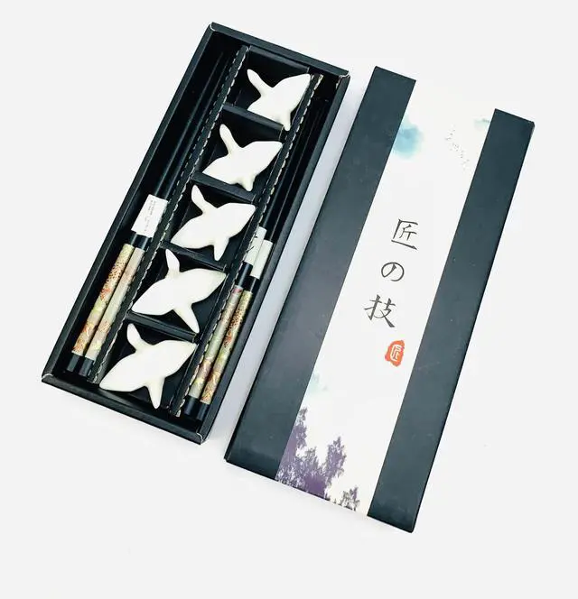 Main image of Chopsticks Gift Set 5 Pairs Reusable Black Bamboo Chopsticks with 5 Porcelain Crane Chopstick Rests, 9 Long, Dishwasher Safe, Elegant Gift Box Included
