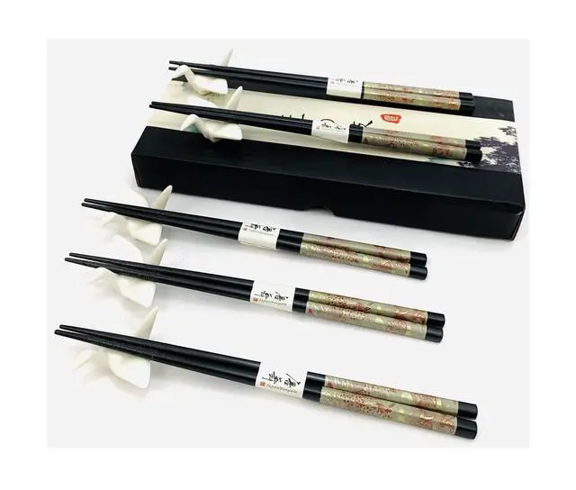 Alt view image 2 of 7 - Chopsticks Gift Set 5 Pairs Reusable Black Bamboo Chopsticks with 5 Porcelain Crane Chopstick Rests, 9 Long, Dishwasher Safe, Elegant Gift Box Included