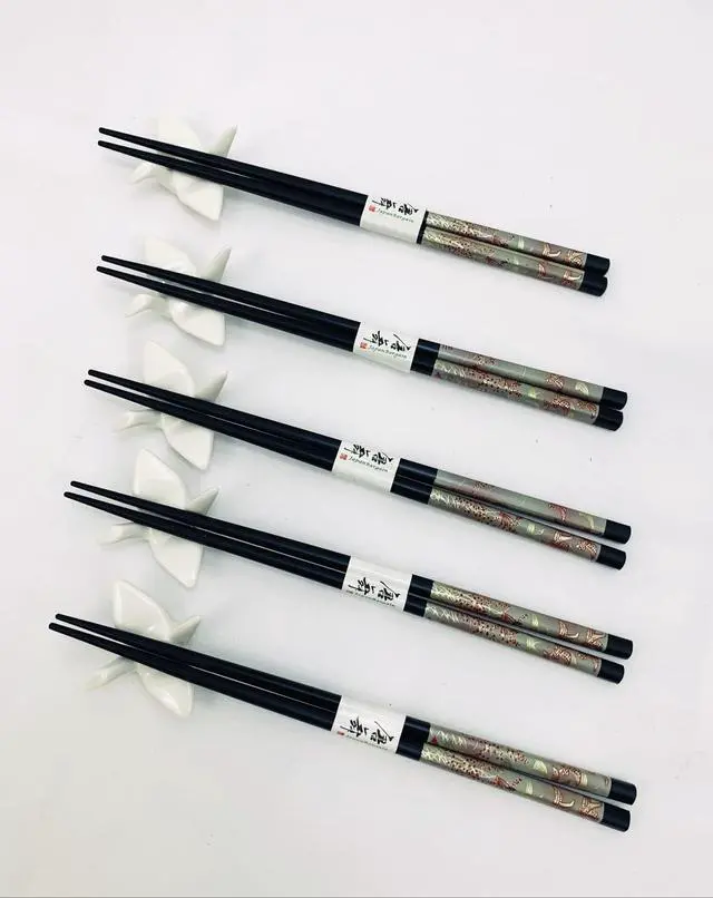 Alt view image 7 of 7 - Chopsticks Gift Set 5 Pairs Reusable Black Bamboo Chopsticks with 5 Porcelain Crane Chopstick Rests, 9 Long, Dishwasher Safe, Elegant Gift Box Included