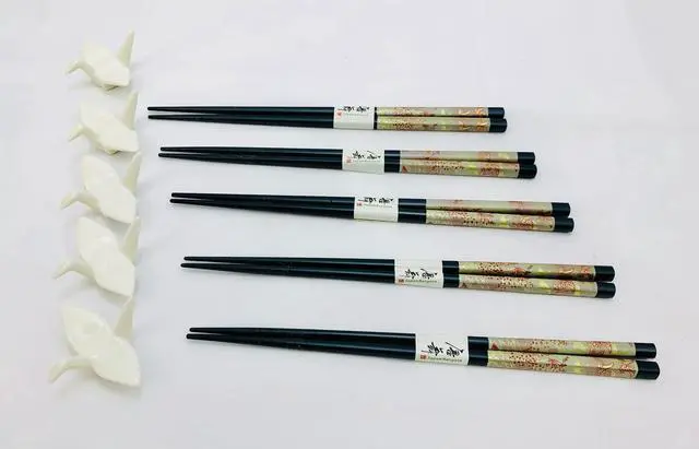 Alt view image 6 of 7 - Chopsticks Gift Set 5 Pairs Reusable Black Bamboo Chopsticks with 5 Porcelain Crane Chopstick Rests, 9 Long, Dishwasher Safe, Elegant Gift Box Included