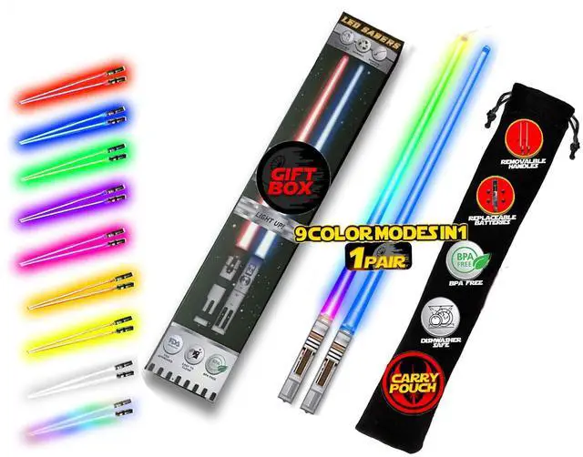 Main image of LIGHTSABER CHOPSTICKS LIGHT UP STAR WARS LED Glowing Light Saber Chop Sticks REUSABLE Sushi Lightup Removable Handle Dishwasher Safe 8 Color Modes 1 Pair