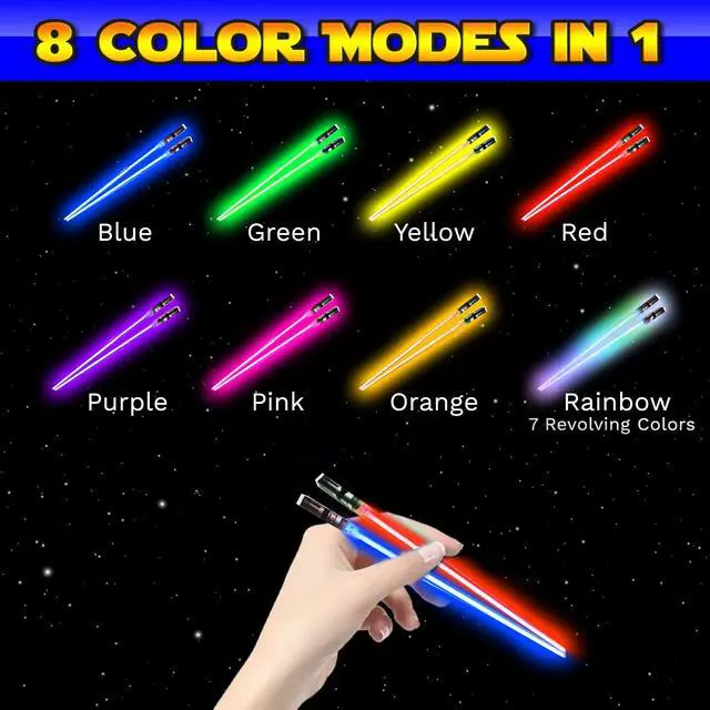 Alt view image 7 of 7 - LIGHTSABER CHOPSTICKS LIGHT UP STAR WARS LED Glowing Light Saber Chop Sticks REUSABLE Sushi Lightup Removable Handle Dishwasher Safe 8 Color Modes 1 Pair