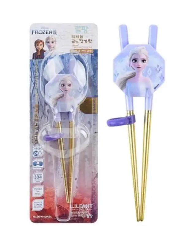 Alt view image 2 of 4 - Frozen Elsa Princess Titanium Stainless Steel Training Chopsticks, Finger Ring Can Be Moved for Right or Left Handed, Made in Korea