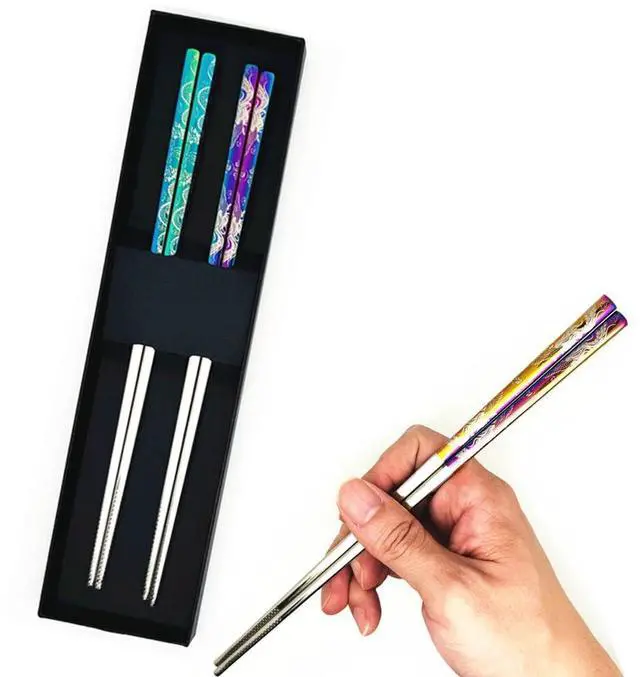 Main image of 2Pairs Metal Chopsticks Reusable Dishwasher Safe Dragon Phoenix
