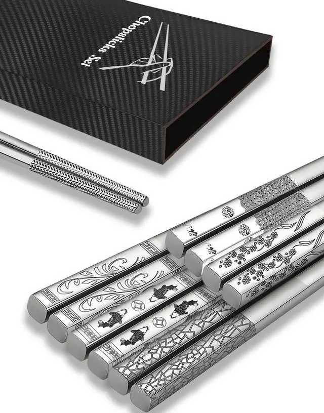 Main image of Metal Chopsticks 5 Pairs Stainless Steel Chopsticks Reusable Dishwasher Safe Square Lightweight Non-Slip Chop Sticks (Mixed Pattern)