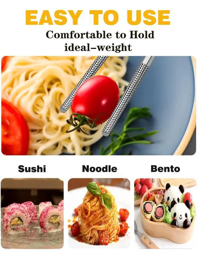 Alt view image 7 of 7 - Metal Chopsticks 5 Pairs Stainless Steel Chopsticks Reusable Dishwasher Safe Square Lightweight Non-Slip Chop Sticks (Mixed Pattern)
