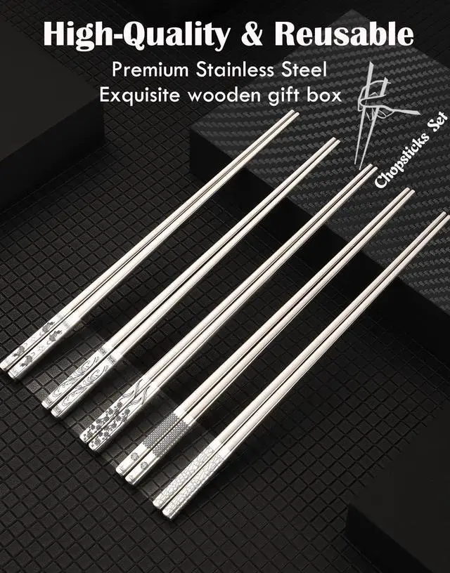 Alt view image 3 of 7 - Metal Chopsticks 5 Pairs Stainless Steel Chopsticks Reusable Dishwasher Safe Square Lightweight Non-Slip Chop Sticks (Mixed Pattern)