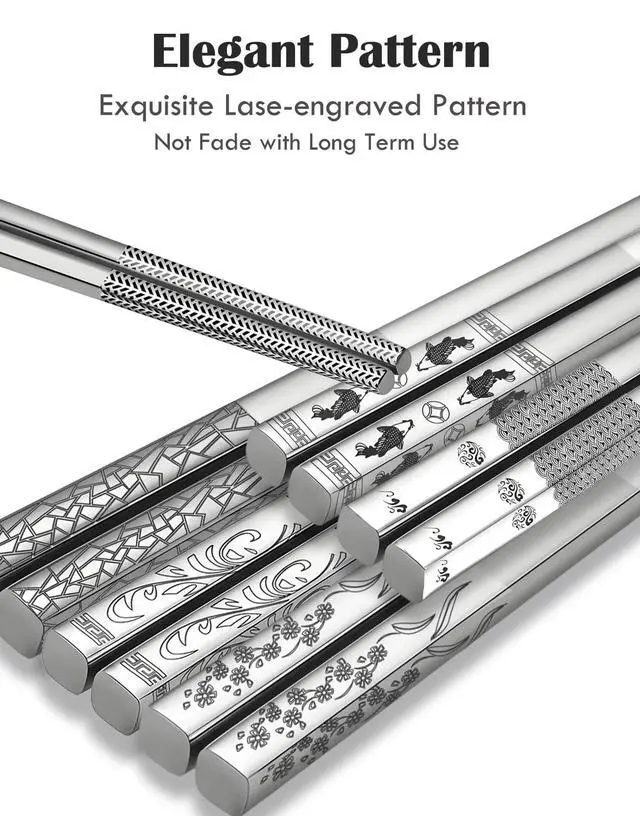Alt view image 2 of 7 - Metal Chopsticks 5 Pairs Stainless Steel Chopsticks Reusable Dishwasher Safe Square Lightweight Non-Slip Chop Sticks (Mixed Pattern)