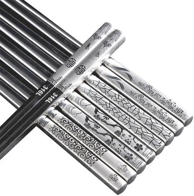 Main image of 5 Pairs Metal Chopsticks, 316 Stainless Steel Chopsticks with Pattern, Reusable Dishwasher Safe, Non Slip Chopstick ,Chopstick Set for Home Restaurant