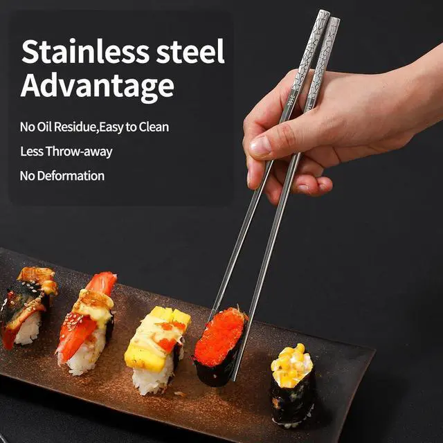 Alt view image 4 of 6 - 5 Pairs Metal Chopsticks, 316 Stainless Steel Chopsticks with Pattern, Reusable Dishwasher Safe, Non Slip Chopstick ,Chopstick Set for Home Restaurant