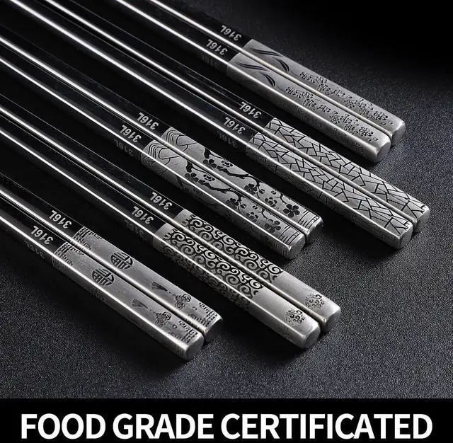 Alt view image 5 of 6 - 5 Pairs Metal Chopsticks, 316 Stainless Steel Chopsticks with Pattern, Reusable Dishwasher Safe, Non Slip Chopstick ,Chopstick Set for Home Restaurant