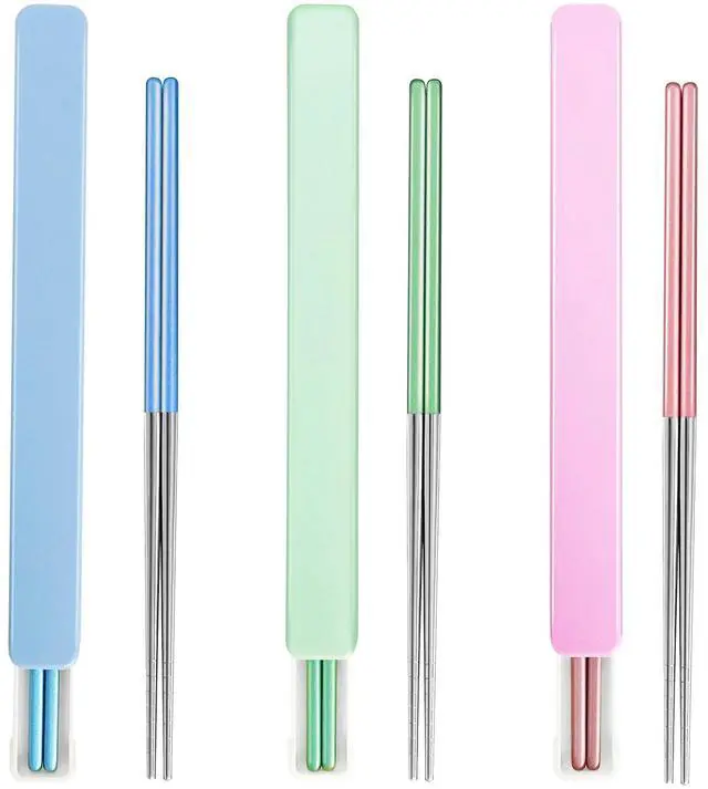 Main image of Metal Chopsticks With Case, 3 Pairs, Light Blue Green Pink