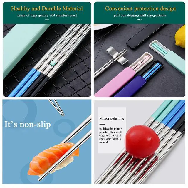 Alt view image 5 of 7 - Metal Chopsticks With Case, 3 Pairs, Light Blue Green Pink