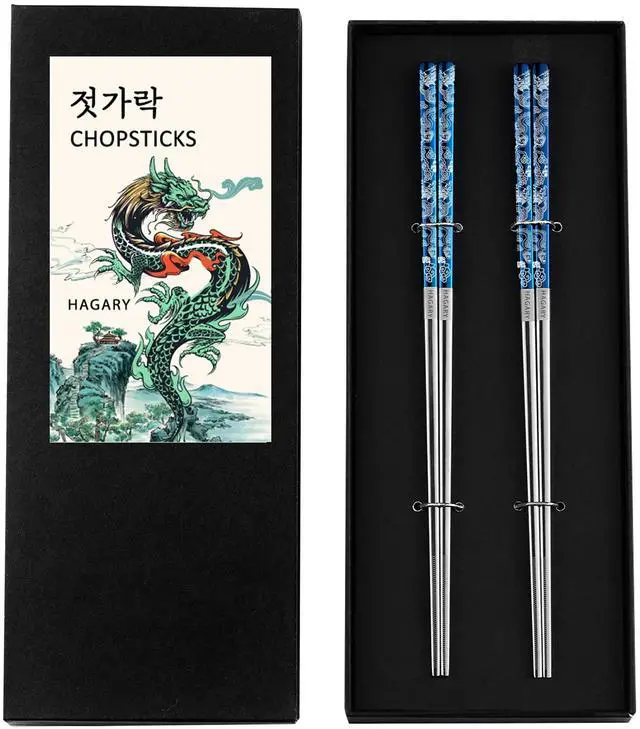 Main image of Dragon Chopsticks Metal Reusable Designed In Korea Japanese Style Stainless Steel 316 18/10 Non-Slip Dishwasher Safe Laser Etched (Blue - 2 Pairs)