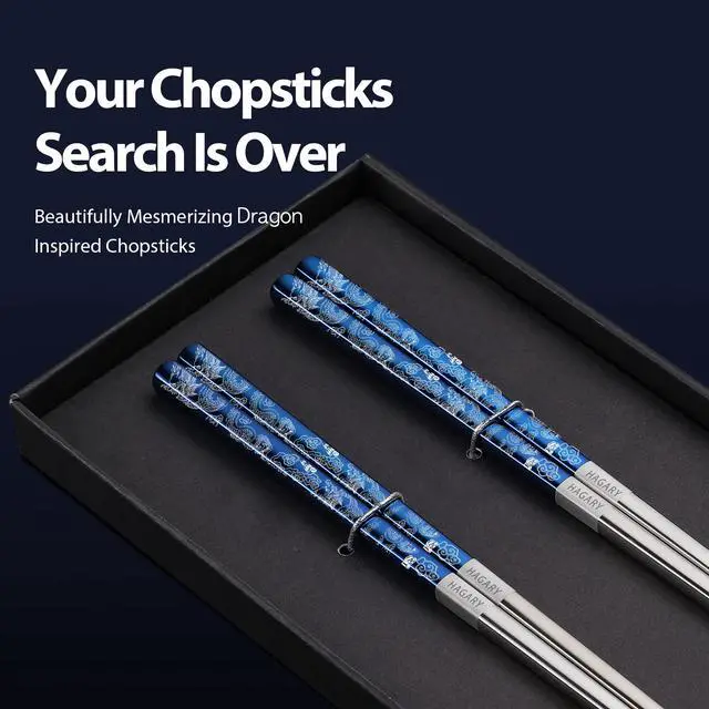 Alt view image 2 of 6 - Dragon Chopsticks Metal Reusable Designed In Korea Japanese Style Stainless Steel 316 18/10 Non-Slip Dishwasher Safe Laser Etched (Blue - 2 Pairs)